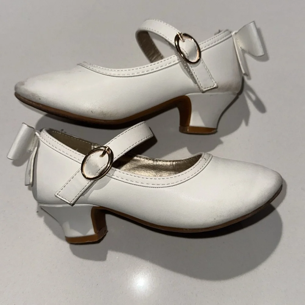 Girls White Dress Heel Shoes With Bow 9